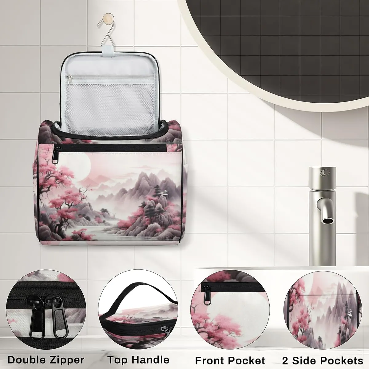 Watercolor Valley Scene Painting Hanging Toiletry Bags Travel Makeup Bag Water-resistant Makeup Cosmetic Bag Travel Organizer