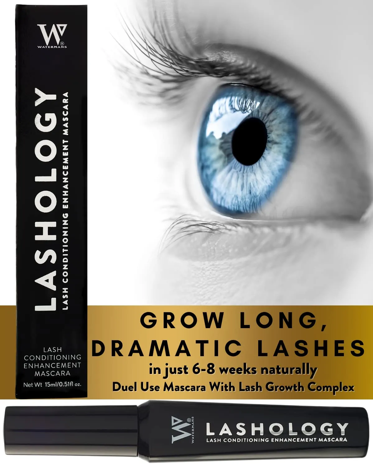 Watermans Lashology Eyelash Growth Mascara in Black, Lash Serum inside a Mascara for Thicker, Stronger, Fuller and Longer Looking Lashes