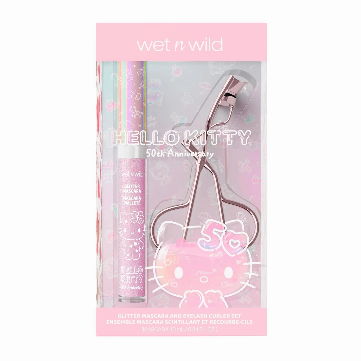 wet n wild Hello Kitty Glitter Mascara & Lash Curler Set - Unbeatable Multi-Functional Duo with Iridescent Pink Glitter, Cruelty-Free & Vegan