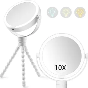 XIGETRAIL Lighted Makeup Mirror, Rechargeable 10x /1x Double Sided Travel Magnifying Mirror, 3 Colors Dimmable Lightning, 360° Rotation Standing Portable Vanity Mirror, White, VT001