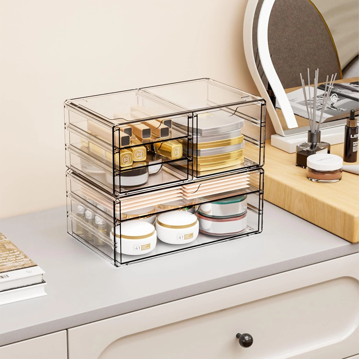 Yieach 2 Pack Acrylic Drawer Organizer With 6 Drawers,Stackable 11.1” Large Clear Storage Drawers and Makeup Organizer For Vanity,Bathroom Countertop,Cabinet,Pantry,Office Supply Storage Bins Drawers