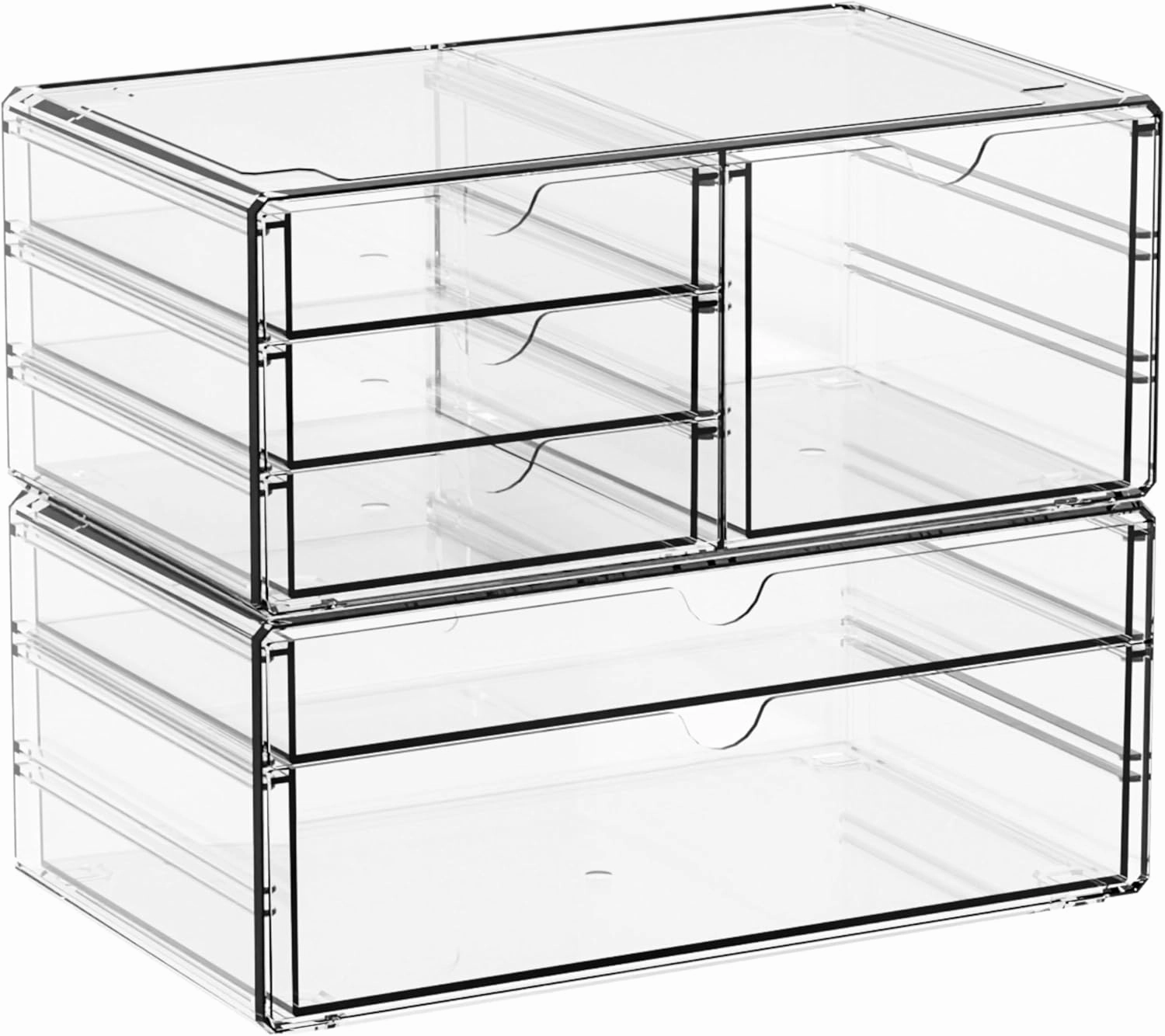 Yieach 2 Pack Acrylic Drawer Organizer With 6 Drawers,Stackable 11.1” Large Clear Storage Drawers and Makeup Organizer For Vanity,Bathroom Countertop,Cabinet,Pantry,Office Supply Storage Bins Drawers