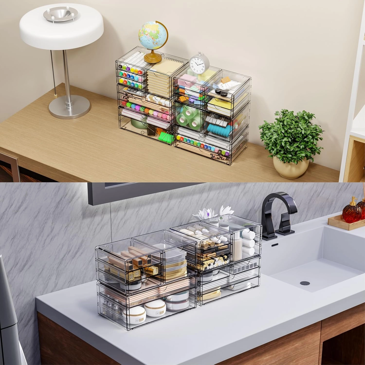 Yieach 2 Pack Acrylic Storage Drawers With 6 Drawers,Stackable Desk Organizer and Makeup Organizer,Large Clear Office Supplies Organizer for Pen,Stationary,Palettes,Arts Craft Organizers and Storage