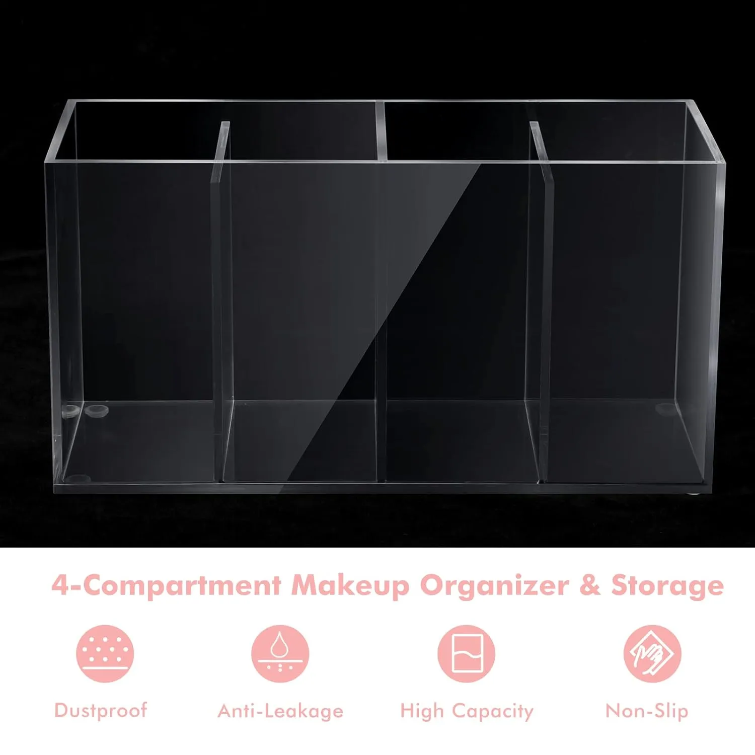Yulejo 4 Compartment Acrylic Makeup Organizer and Storage with Lid Bathroom Storage with 4 Tray Eyelash Mascara Brushes Organizer Brush Holder for Cosmetics, Cotton Balls or Office Supplies (1 Pack)