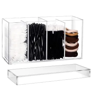 Yulejo 4 Compartment Acrylic Makeup Organizer and Storage with Lid Bathroom Storage with 4 Tray Eyelash Mascara Brushes Organizer Brush Holder for Cosmetics, Cotton Balls or Office Supplies (1 Pack)