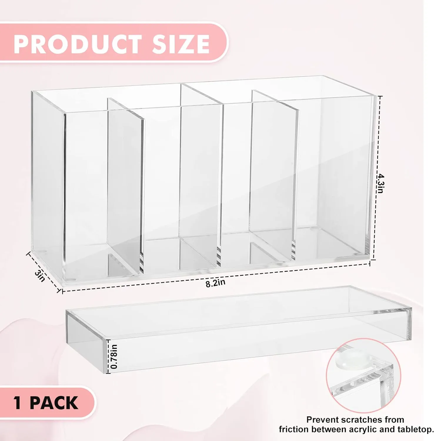 Yulejo 4 Compartment Acrylic Makeup Organizer and Storage with Lid Bathroom Storage with 4 Tray Eyelash Mascara Brushes Organizer Brush Holder for Cosmetics, Cotton Balls or Office Supplies (1 Pack)